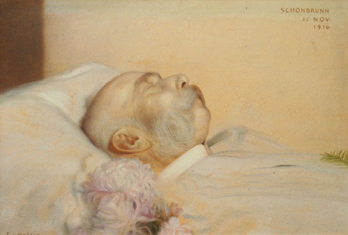 Kaiser Franz Joseph auf dem Sterbebett am 22.11.1916. Ölgemälde von Franz von Matsch, 1916