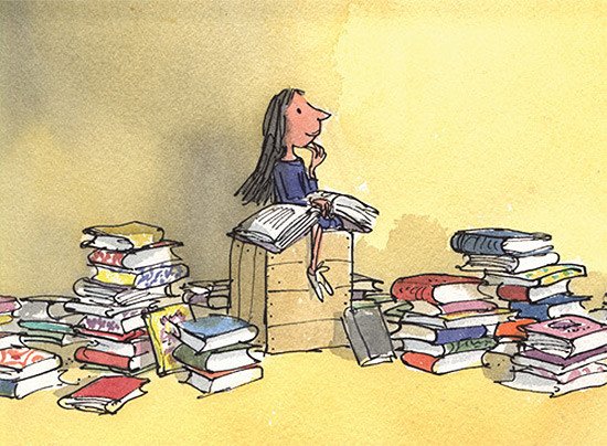 Ilustración para la portada del libro Matilda, realizada por Quentin Blake.
