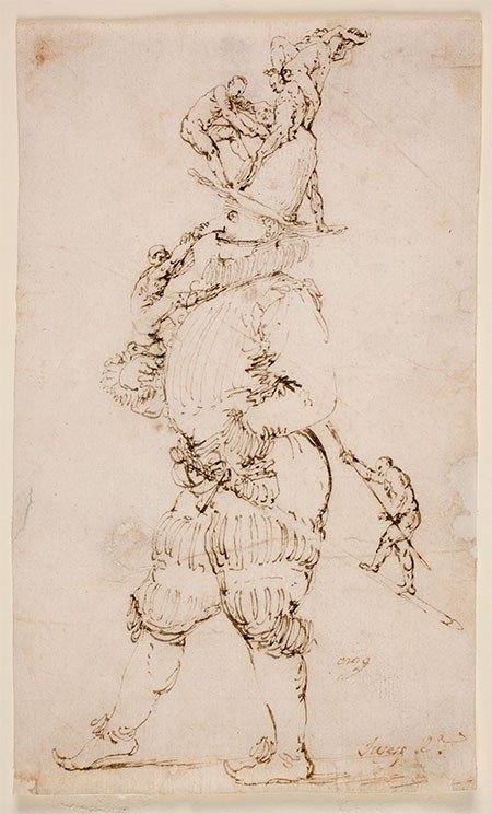 Escena fantástica: caballero con hombrecillos subiendo por su cuerpo. Ribera. 1625-1639.