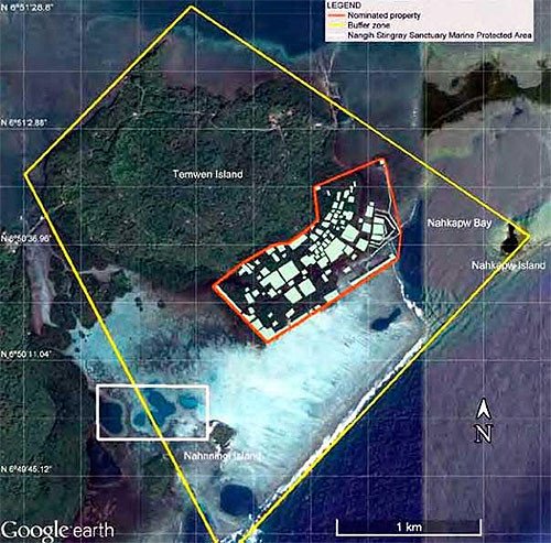 Mapa de la ubicación de Nam Madol, ante la costa de la isla de Ponapé, junto a la pequeña isla de Temwen.