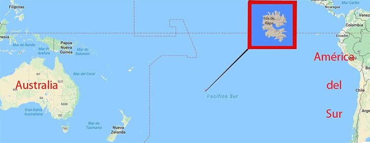 La Isla de Rapa, a medio camino entre Australia y América del Sur. Imagen de Guiarte sobre mapa de Google.