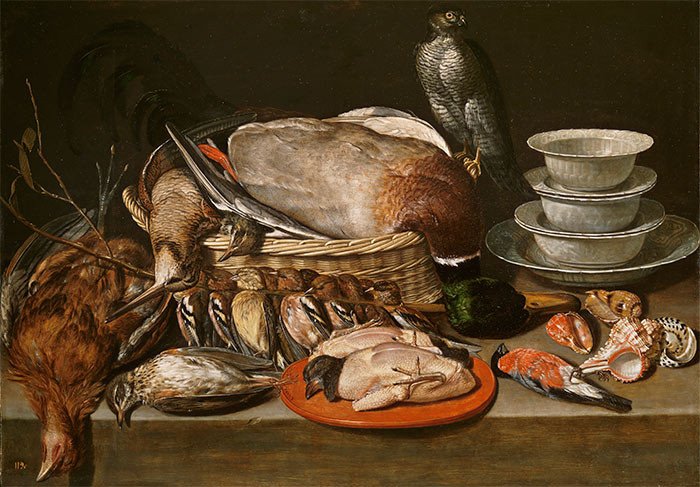 Bodegón con gavilán, aves, porcelana y conchas. Clara Peeters. 1611. Museo Nacional del Prado.