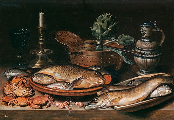 Bodegón con pescado, vela, alcachofas, cangrejos y gambas. Clara Peeters. 1611. Museo Nacional del Prado.