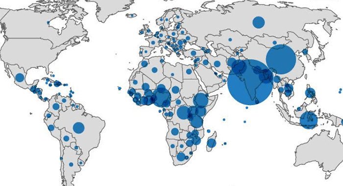 Mapa de las carencias mundiales de saneamiento, con datos de la ONU.