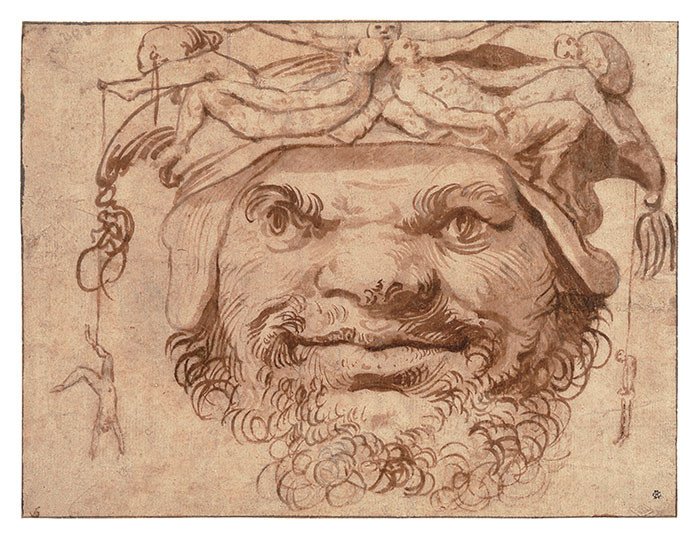 Cabeza grotesca con pequeñas figuras sobre su sombrero. José de Ribera. Finales 1630. Colección Particular.