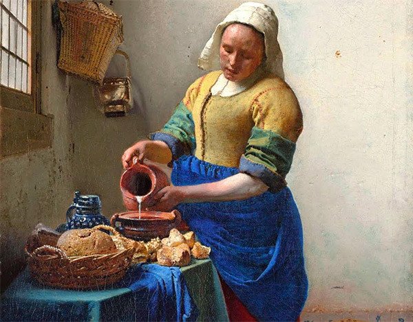 En la pintura holandesa del Siglo de Oro abundan las referencias gastronómicas. La Lechera, de Wermeer, detalle.