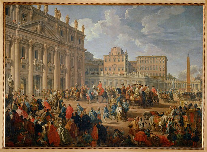 Giovanni Paolo Panini. Don Carlos de Borbón visita la Basílica de San Pedro. Siglo XVIII. Museo de Capodimonte (Nápoles).