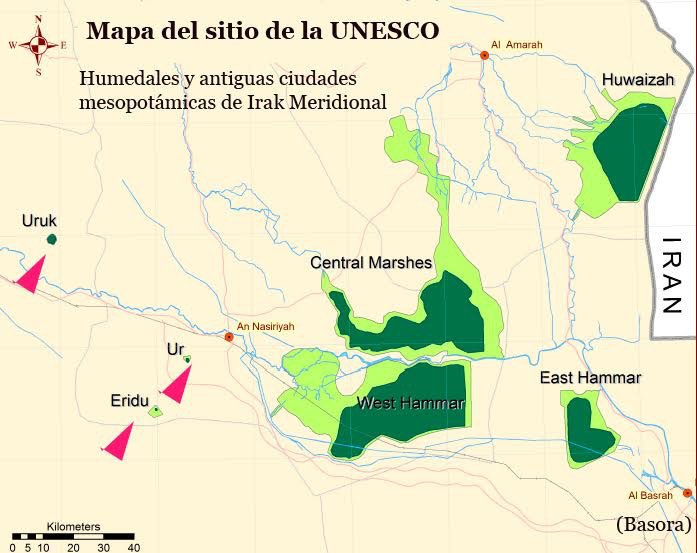 Mapa del sitio de la UNESCO: Humedales y asentamientos sumerios del sur de Irak.