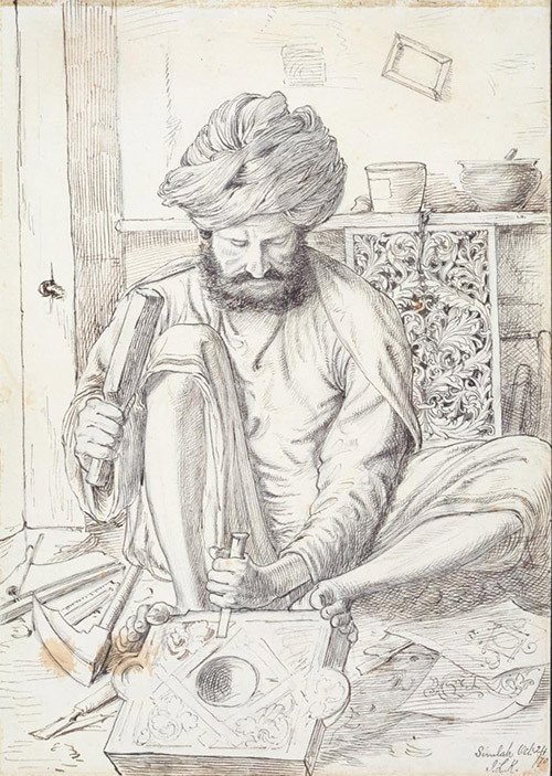 Drawing of a wood carver. Ccollection of depicting craftsmen of the North-West Provinces of British India. Lockwood Kipling. 1870.