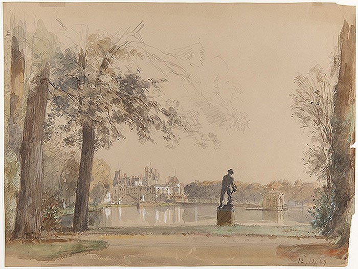 Eugenio Lucas Velázquez: Vista del palacio de Fontainebleau. Francia. 1869.