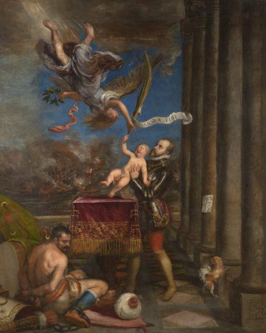Felipe II ofreciendo al cielo al infante don Fernando. Tiziano. 1573 - 1575. Museo Nacional del Prado.