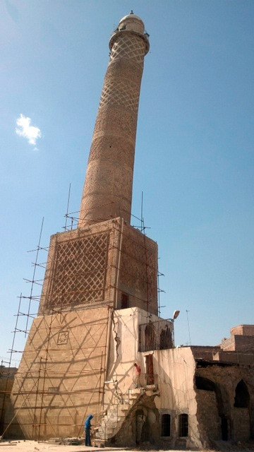 El minarete de Al Hadba, un icono de Mosul, en Irak, destruido. Imagen UNESCO