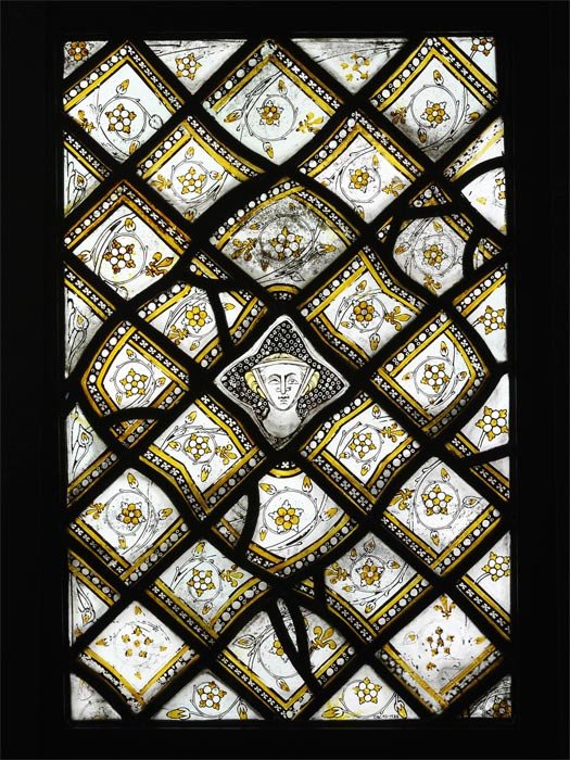 Panel de cristal con canteras y cabeza femenina. Hacia 1320-4. París. Grisailla en vidrio con mancha de plata. © Victoria and Albert Museum, Londres