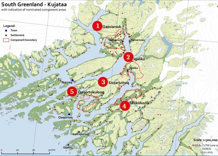 Mapa de los lugares Patrimonio Mundial Kujataa en Groenlandia/UNESCO