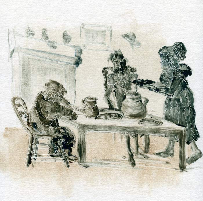 A mesa puesta. Oleograbado de Sendo que ilustra la portada del libro Cosas de la bucólica. Gastronomía de El Quijote. Imagen Guiarte.com