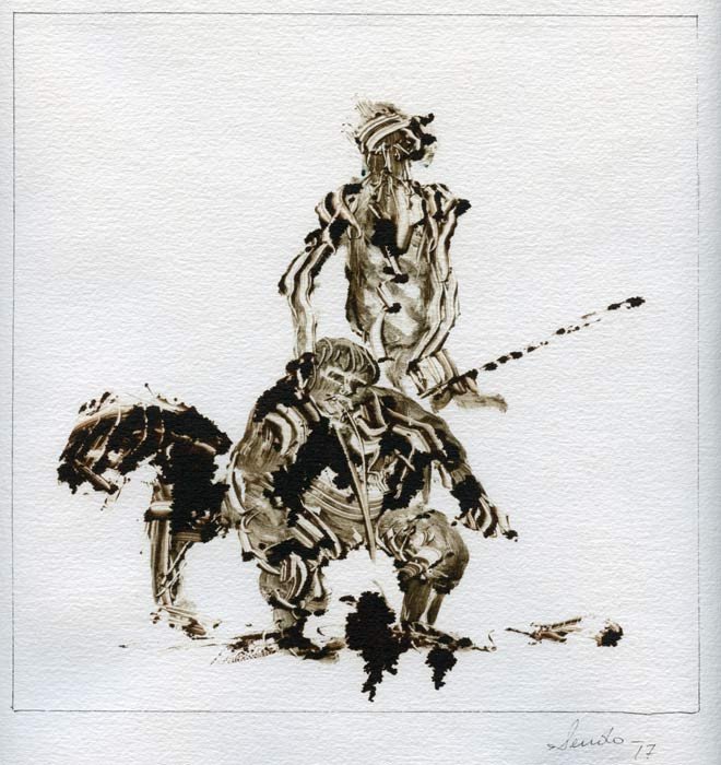  Don Quijote ayuda a Sancho cuando este vomita el bálsamo de Fierabrás.  Trabajo de  Sendo, en Cosas de la bucólica. Gastronomía de El Quijote. Imagen Guiarte.com