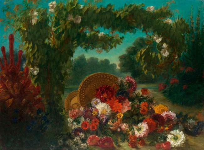 Eugène Delacroix, Cesto de flores caído en un jardín. 1849. Imagen del Metropolitan Museum  of Art de Nueva York.