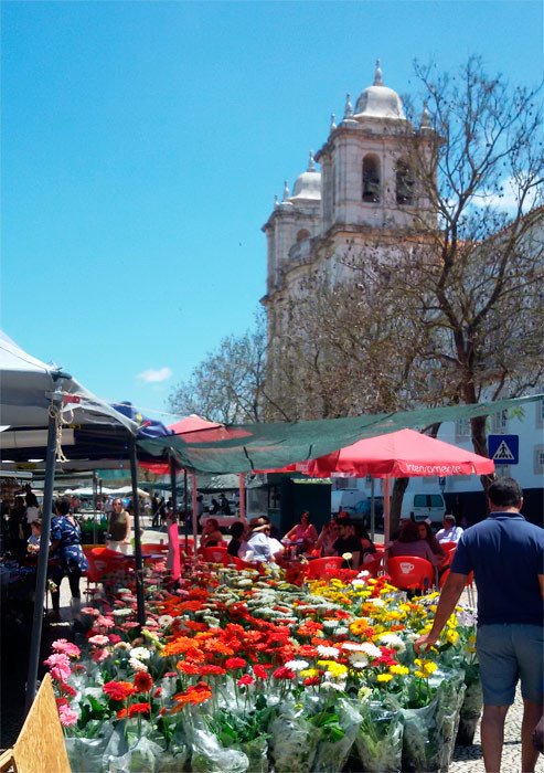 Puesto de Flores en el mercado de los sábados, al fondo el edificio conventual de los Congregados, caracterizado por su portada barroca. Imagen de Guiarte.com