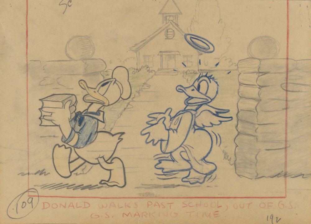 Lo mejor de Donald , 1938. Artista del estudio Disney. Esbozo. Lápiz de color y mina de grafito sobre papel © Disney Enterprises Inc.