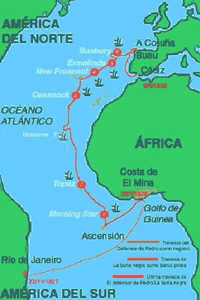 Mapa de las andanzas del pirata gallego
