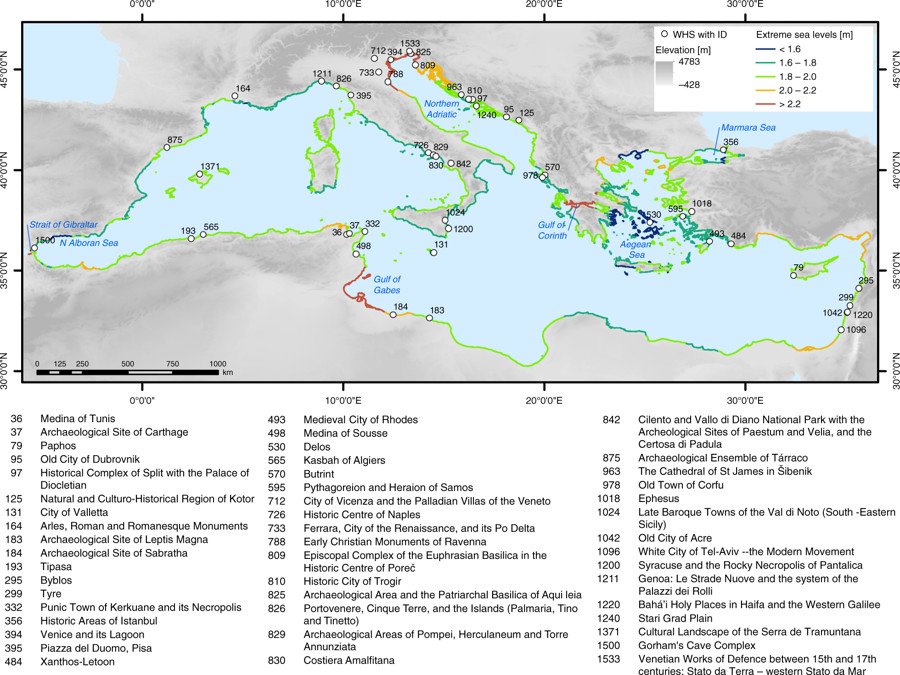 Sitios Patrimonio Cultural de la Humanidad de la UNESCO ubicados en la costa del Mediterráneo. Niveles extremos del mar en 2100. Imagen de Nature Comunications.