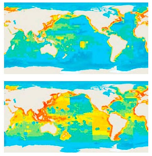 Presion pesquera sobre los océanos. Años 1970 y 2000. Fuente, Informe Planeta Vivo 2018