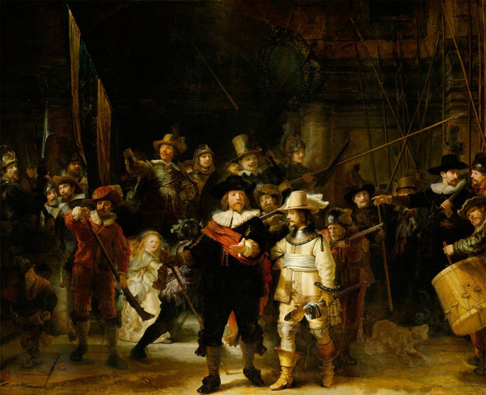 La ronda de noche, originalmente titulado com La compañía militar del capitán Frans Banninck Cocq y el teniente Willem van Ruytenburgh. 1642. 1642. Obra de la ciudad de Amsterdam, en el Rijksmuseum. 