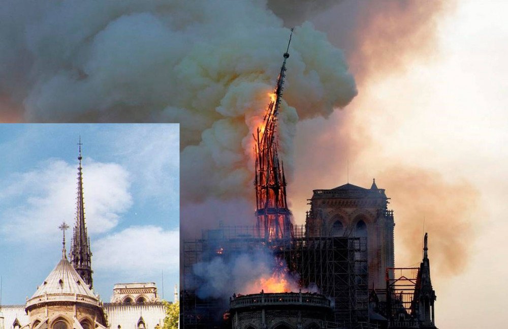 La caída de la flecha que coronaba el transepto de la catedral parisina, fue un momento especialmente dramático.