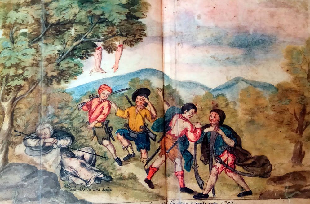 Imagen de la crónica de viaje de N. Albani (siglo XVIII) mostrando el peregrino dormido en medio de un bosque con bandoleros. Guiarte.com