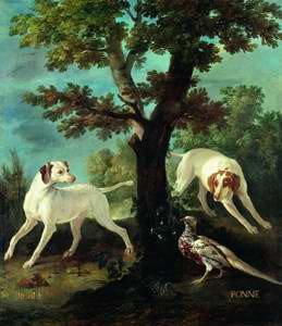 Dos perras atacan a un faisán en el bosque, obra de Oudry