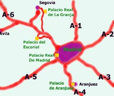 Mapa de ubicación de los cuatro grandes palacios reales de los monarcas borbónicos. guiarte.com