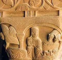natividad, en un capitel románico de San Pedro el Viejo, Huesca, España. Foto guiarte. Copyright