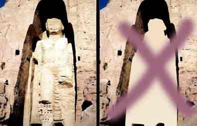 Los gigantescos budas de Bamiyán pasan al recuerdo, por causa de la irracionalidad. Composición guiarte.