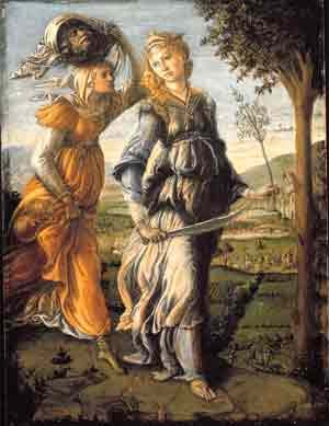 Sandro Botticelli.  Il ritorno di Giuditta a Betulia.  Tempera su tavola, 31 x 25 cm.  Firenze, Galleria degli Uffizi.  1470 ca.