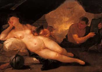Luca Giordano. (Nápoles. 16351704). Venus y Cupido durmientes con sátiro. Óleo sobre tela.