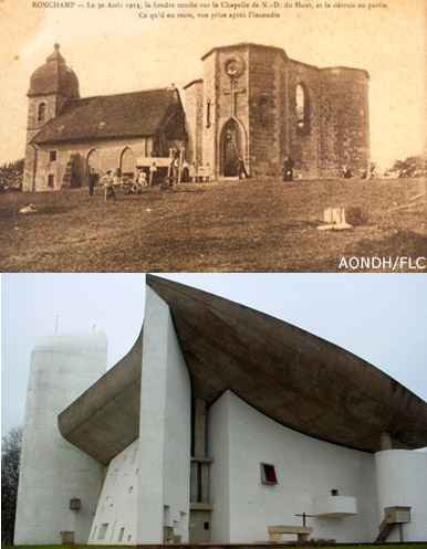 La vieja capilla, destruida en la Guerra Mundial, y la nueva, de Le Corbusier. De la web chapellederonchamp.com