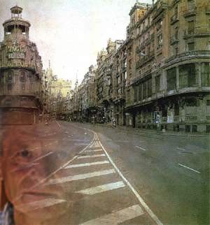 composición de guiarte.com, Antonio López sobre una de sus famosas imágenes de urbanas de Madrid.