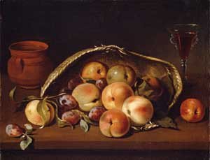 Pedro Camprobín. Cesto con melocotones y ciruelas . 1654. Óleo sobre lienzo, 36 x 46 cm
