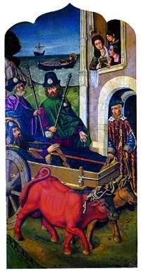 El cuerpo del apóstol Santiago llevado al palacio de la reina Lupa, en Galicia. De Martín Bernat (fin sigloXV) Museo del Prado