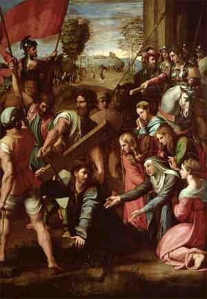 Caída en el Calvario. Rafaello Santi (llamado Rafael de Sanzio o de Urbino ) (1483-1520), una obra del M. del Prado, que integra la exposición de La Almoneda.