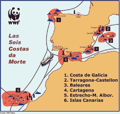Adena/WWF identifica seis grandes zonas de riesgo, seis posibles costas da morte, en el litoral español.