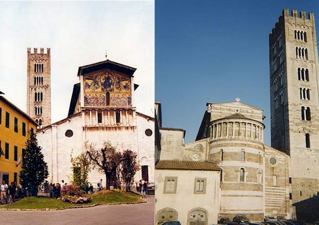 Vista delantera y posterior de la iglesia de San Frediano, en Lucca, Italia. Imagen de Guiarte.com