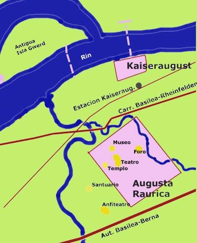 Plano de la ubicación de los restos de Augusta Raurica. guiarte.com