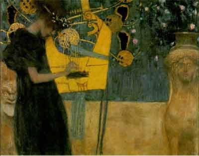 La música I, de 1895; óleo sobre lienzo. Bayerische Staatsgemaldesammlungen; en la exposición La destrucción creadora. Gustav Klimt