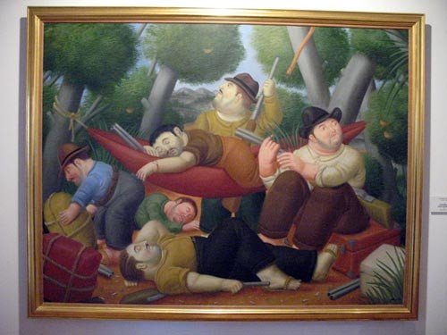 El descanso de la guerrilla, cuadro de Botero, del museo del pintor. La guerrilla es un elemento estrechamente vinculado a la historia moderna del país. Imagen de guiarte.com.
