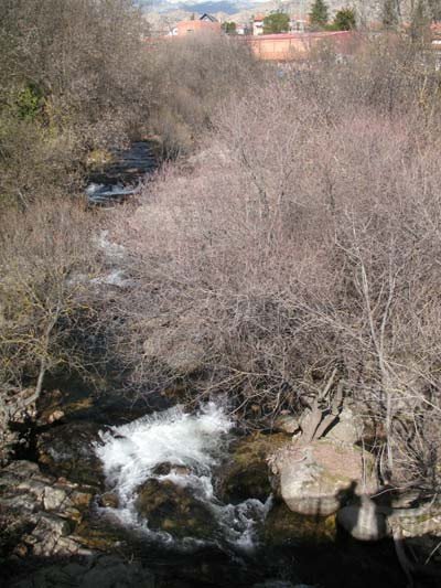 El río Manzanares, cantarín, va saltando en una teoría de pequeñas cascadas, en el casco urbano de Manzanares el Real. Guiarte.com Copyright