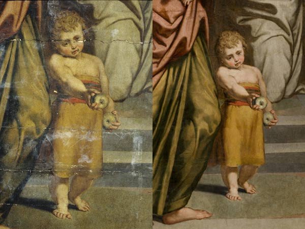 Detalle de el niño antes y después de la restauración.
