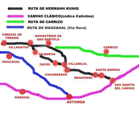 Mapa de las Vías santiagueñas que cruzan desde el entorno de León hacia el Bierzo, superando los Montes de León