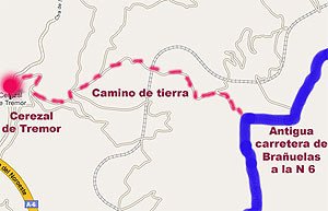 Plano de Google con la bajada por el camino hacia Cerezal de Tremor.