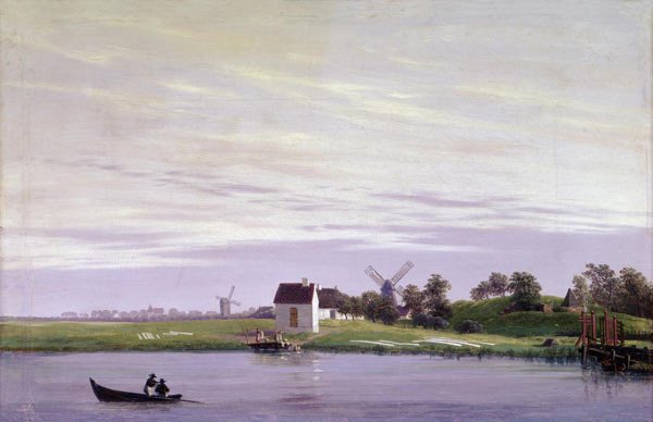 En el Ryck en Greifswald con una vista de los molinos delante de la barrera de Seinbeck. Caspar David Friedrich. 1822-23